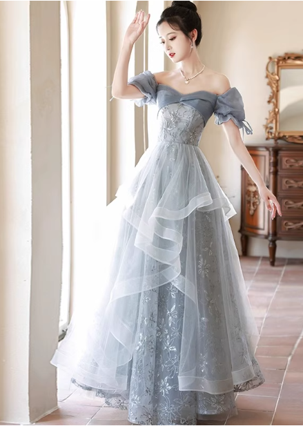 Princess Slate Blue A-Line Puff Sleeve Embroidered Tulle Long Formal Prom Dresses