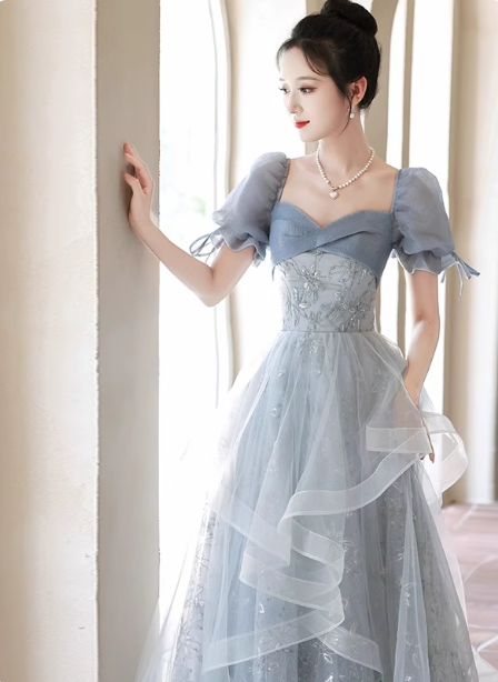 Princess Slate Blue A-Line Puff Sleeve Embroidered Tulle Long Formal Prom Dresses