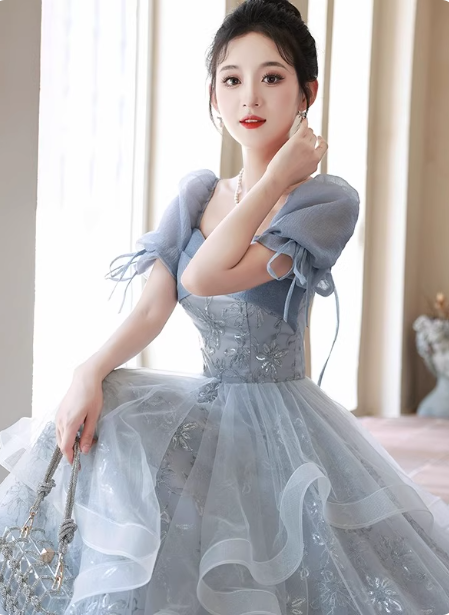 Princess Slate Blue A-Line Puff Sleeve Embroidered Tulle Long Formal Prom Dresses