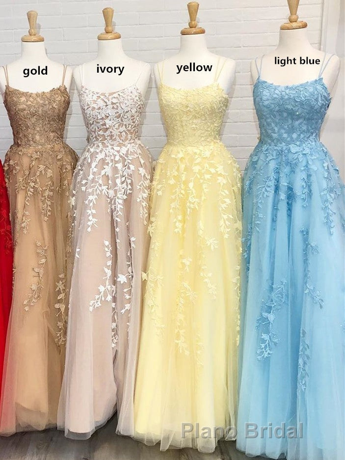 Princess Straps Long Formal Prom Dresses with Lace Appliques,Evening Gowns