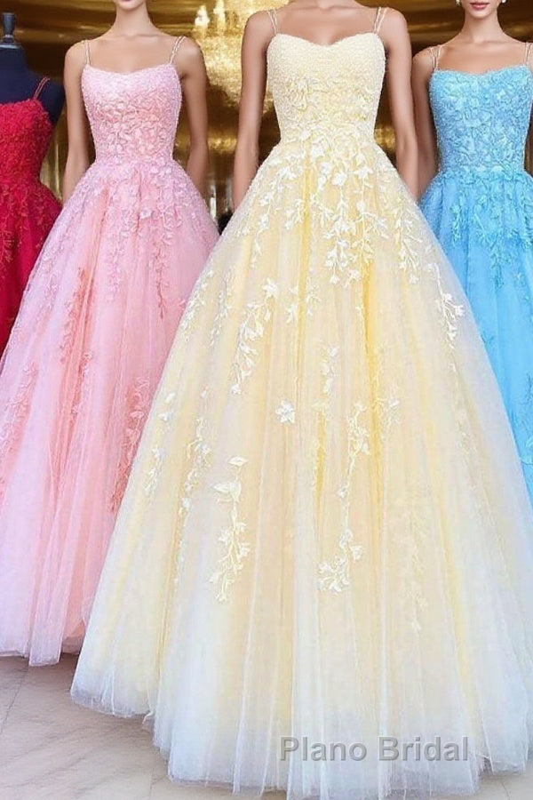 Princess Straps Long Formal Prom Dresses with Lace Appliques,Evening Gowns Main image