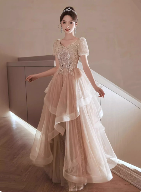 Princess Sweet Champagne Nude A-Line Puff Short Sleeve Layered Tulle Long Formal Prom Dresses Secondary image