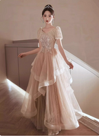 Princess Sweet Champagne Nude A-Line Puff Short Sleeve Layered Tulle Long Formal Prom Dresses