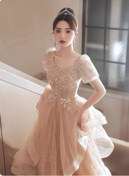 Princess Sweet Champagne Nude A-Line Puff Short Sleeve Layered Tulle Long Formal Prom Dresses