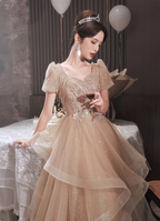 Princess Sweet Champagne Nude A-Line Puff Short Sleeve Layered Tulle Long Formal Prom Dresses