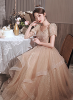 Princess Sweet Champagne Nude A-Line Puff Short Sleeve Layered Tulle Long Formal Prom Dresses