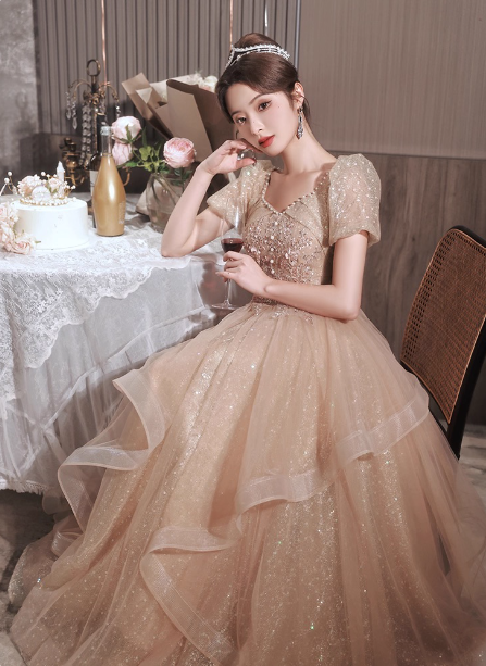 Princess Sweet Champagne Nude A-Line Puff Short Sleeve Layered Tulle Long Formal Prom Dresses