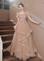 Princess Sweet Champagne Nude A-Line Puff Short Sleeve Layered Tulle Long Formal Prom Dresses