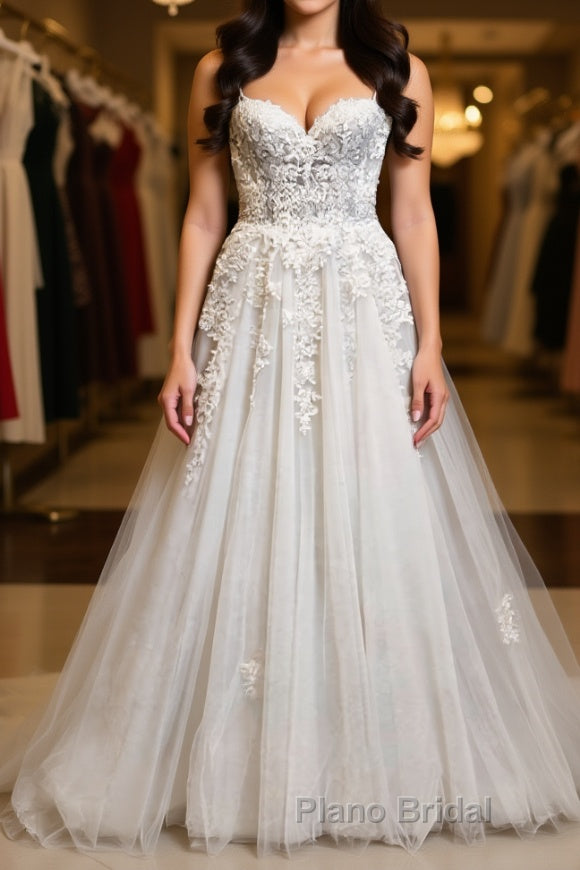 Princess Sweetheart Neck White Lace Formal Prom Wedding Dresses, Ivory Lace Formal Dresses, White Evening Dresses Main image