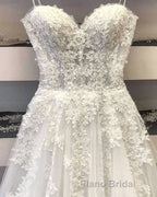 Princess Sweetheart Neck White Lace Formal Prom Wedding Dresses, Ivory Lace Formal Dresses, White Evening Dresses