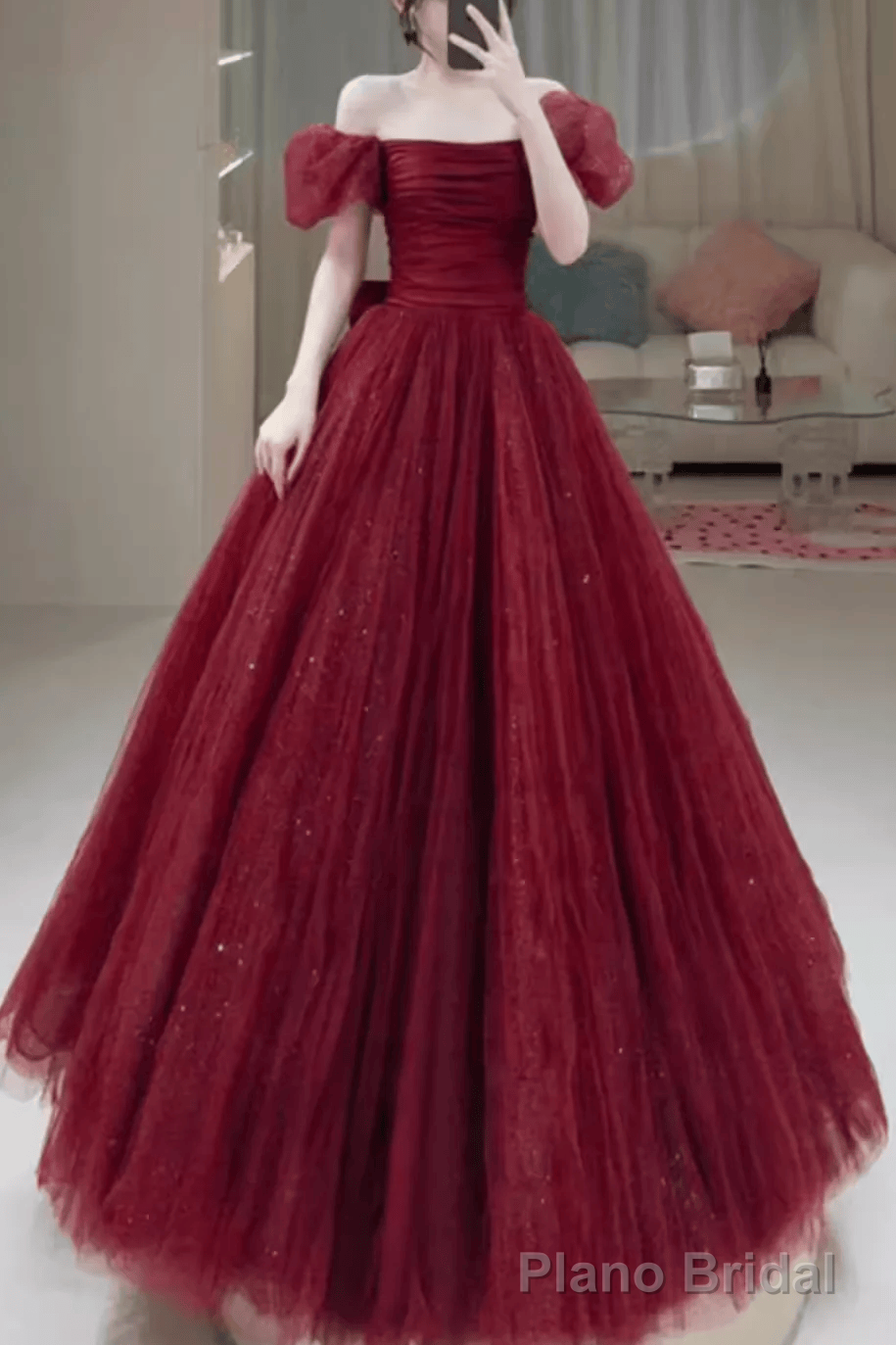 Princess Tulle Burgundy Long Prom Dresses Main image