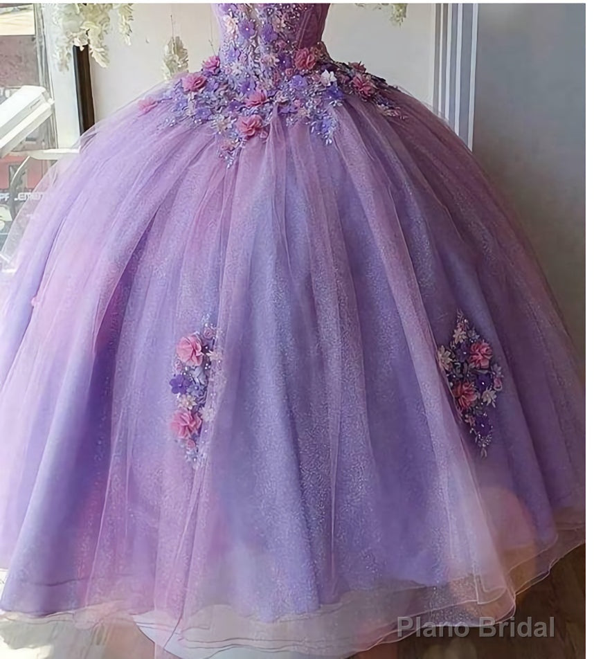 Princess Tulle Long Prom Dress with Flower,Ball Gowns Quinceanera Dresses Secondary image