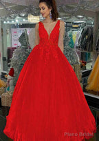 Princess V Neck Long/Floor-Length Tulle Prom Dresses With Appliqued