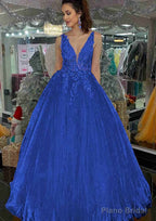 Princess V Neck Long/Floor-Length Tulle Prom Dresses With Appliqued