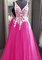 Princess V Neck Long/Floor-Length Tulle Prom Dresses With Appliqued Lace