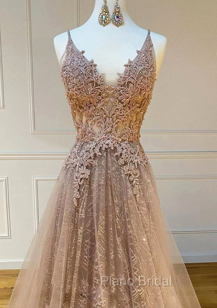 Princess V Neck Sweep Train Lace Tulle Yarn Formal Prom Dresses With Glitter Secondary image