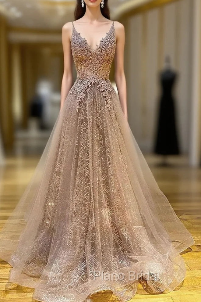 Princess V Neck Sweep Train Lace Tulle Yarn Formal Prom Dresses With Glitter