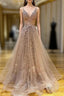 Princess V Neck Sweep Train Lace Tulle Yarn Formal Prom Dresses With Glitter