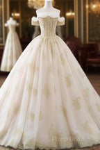 Princesse De Luxe Off The Shoulder Short Sleeve Beaded Sequins Appliques Luxury Princess Ball Gown Wedding Dresses Formal Prom Dresses Formal Dresses