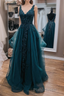 Teal Blue Tulle V-Neckline Long Party Dresses With Lace, Teal Blue Long Formal Prom Dresses