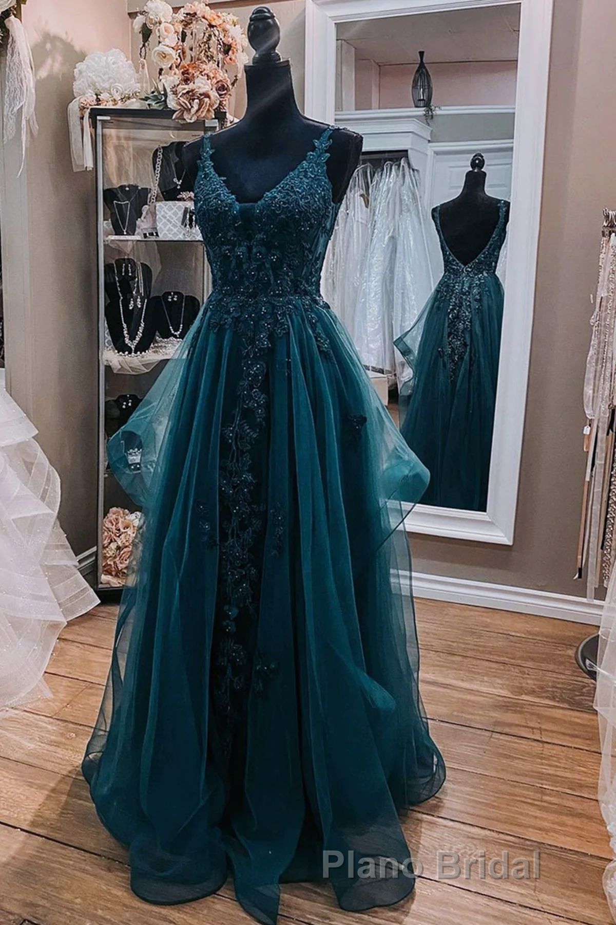 Teal Blue Tulle V-Neckline Long Party Dresses With Lace, Teal Blue Long Formal Prom Dresses Secondary image
