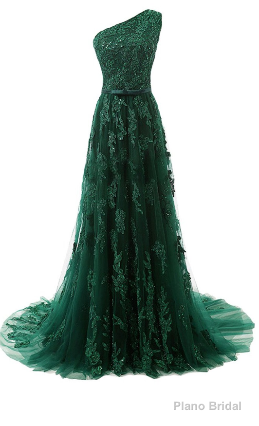 Forest Green Prom Dresses, Lace Tulle Floor Length Prom Dress Featuring One Shoulder Bodice With Bow Accent Belt Secondary image