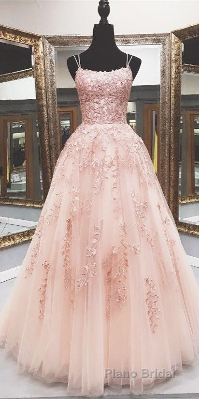 Lace Appliques Pink A LineTulle Long Formal Prom Dresses With Straps