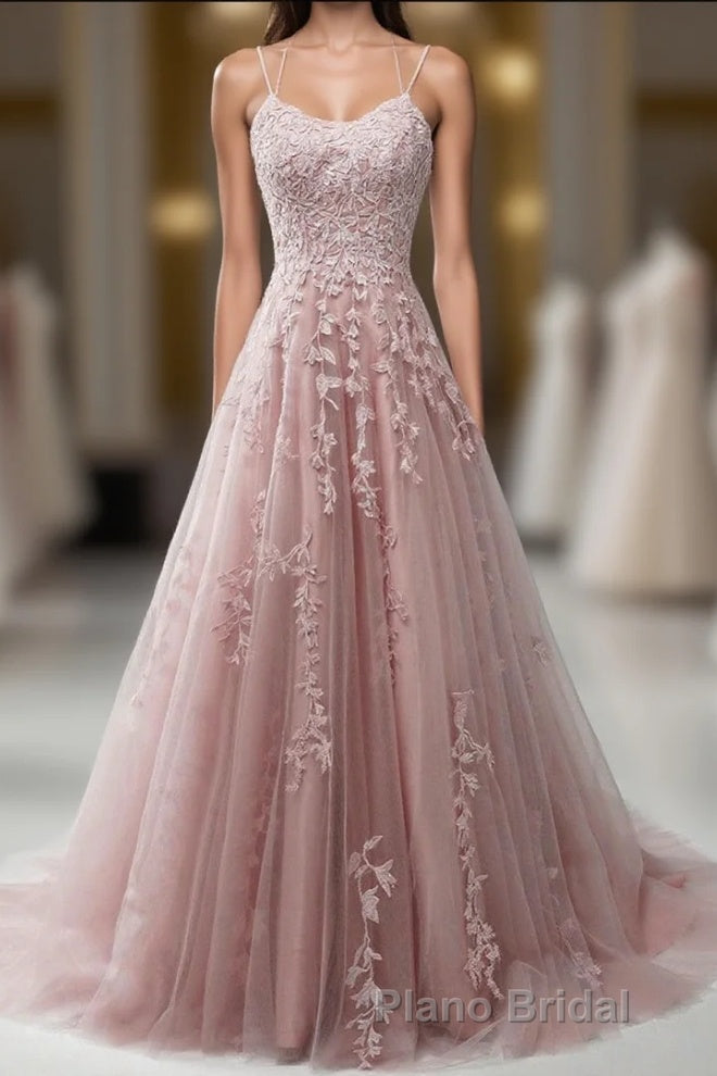 Pink Lace Applique A Line Elegant Spaghetti Straps  Formal Prom Dresses Main image