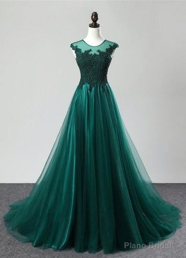 Deep Green Tulle Beaded Sweep Train Formal Prom Dress, Evening Dress Main image