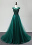 Deep Green Tulle Beaded Sweep Train Formal Prom Dress, Evening Dress