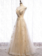 Champagne Tulle Sequins Long Prom Dress Evening Gown