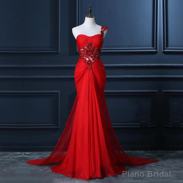 One Shoulder Prom Dress With Beaded Flowers, Unique Red Prom Gowns, Mermaid Chiffon Prom Dress With Cut-out Main image