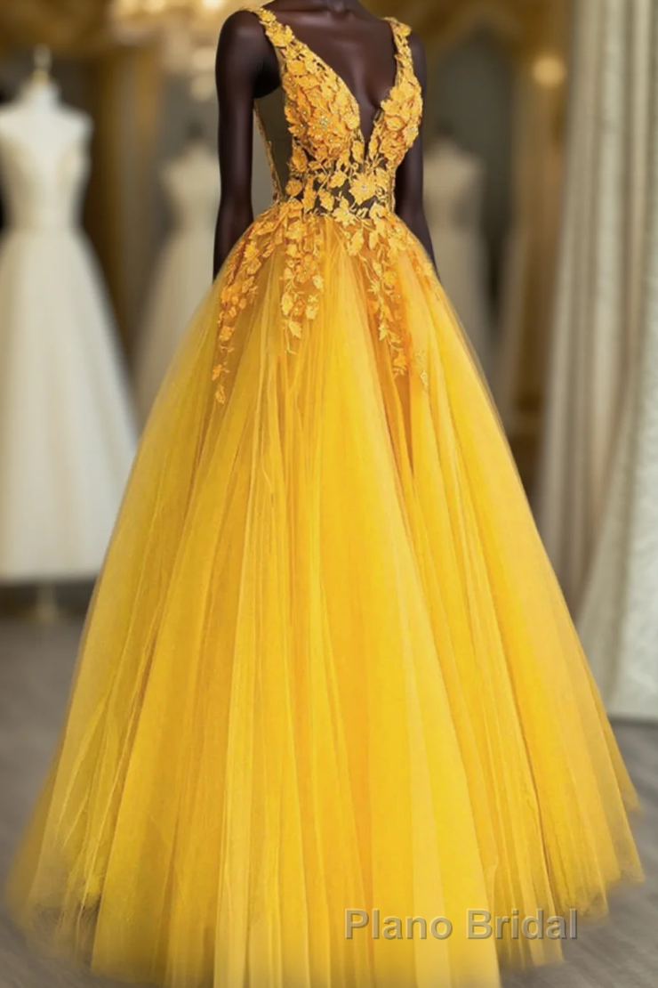 Yellow Tulle With Lace Applique Long Party Dresses, A-Line Yellow Prom Dresses