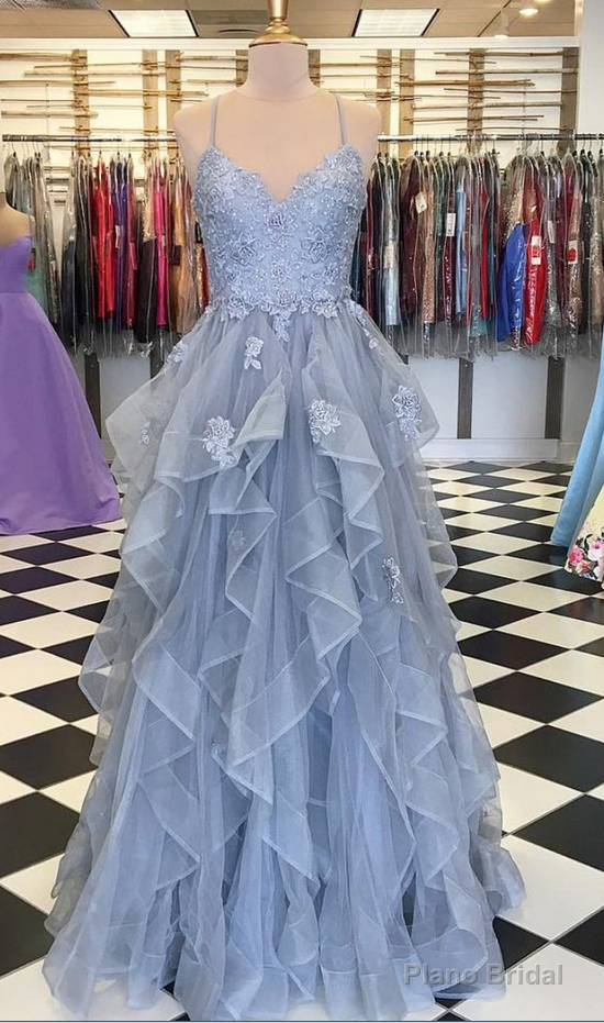 Blue Gray Tulle Ruffles Long Spaghetti Straps Evening Dress, Prom Dress Secondary image