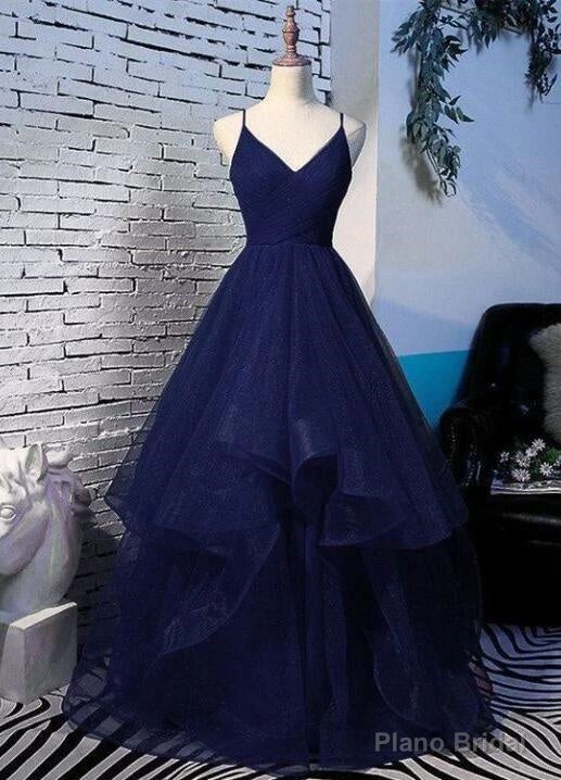 Pretty Navy Blue Prom Dresses, Tulle Straps Long Prom Dress Main image