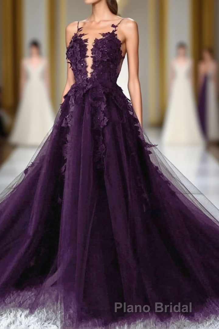 Dark Purple Tulle With Lace Applique Long Wedding Party Dresses, Purple Prom Dresses Main image