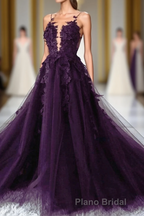 Dark Purple Tulle With Lace Applique Long Wedding Party Dresses, Purple Prom Dresses