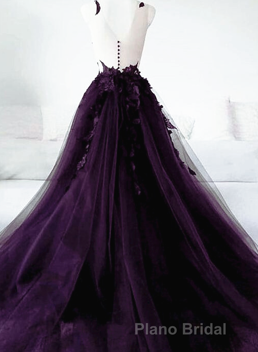 Dark Purple Tulle With Lace Applique Long Wedding Party Dresses, Purple Prom Dresses Secondary image