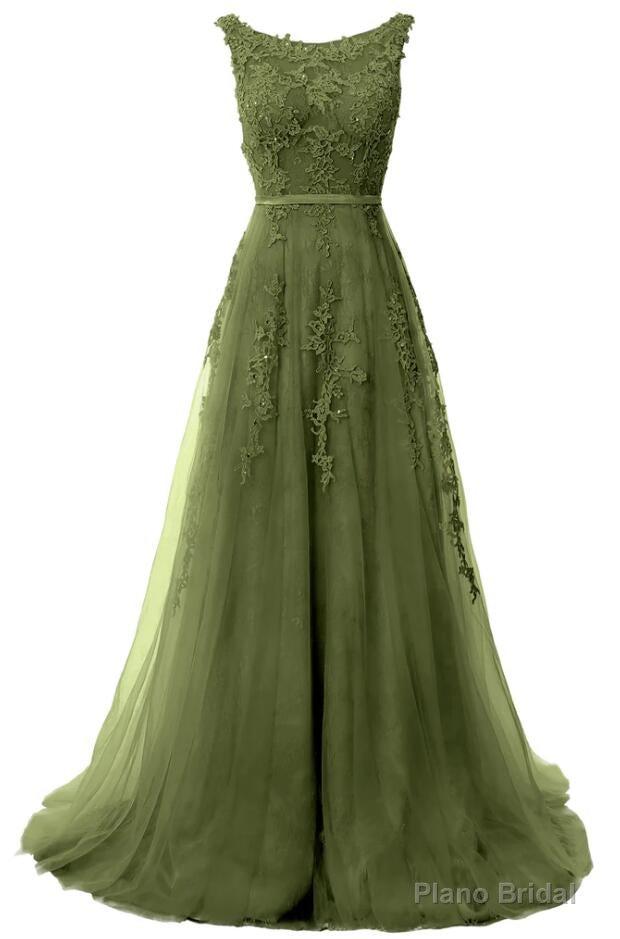 A Line Lace Boat Neck Sleeveless Prom Dresses Formal Evening Gown