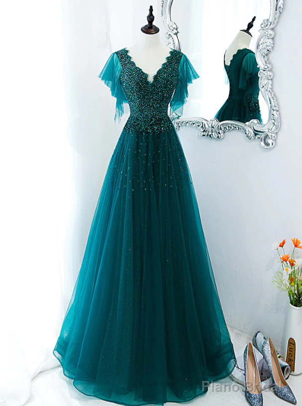 Green Prom Dresses, V Neck Tulle Sequin Beads Long Prom Dress Hand Made Evening Dress Main image