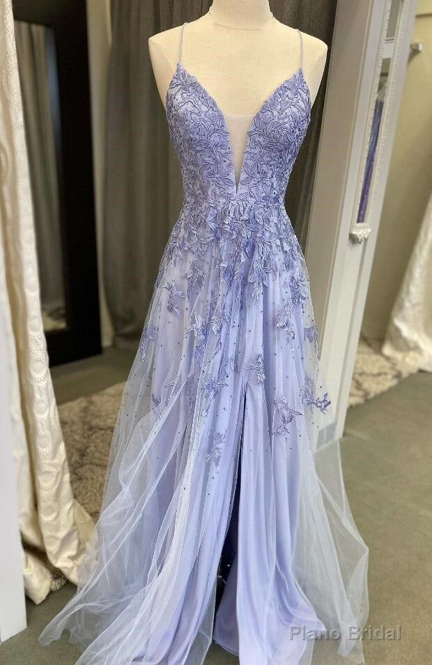 A-line Floral Lace V Neck Prom Dress With Slit Secondary image