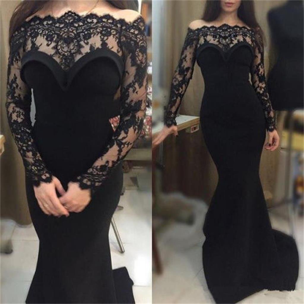 Long Black Mermaid Sexy Lace Top Party Long Sleeves Prom Dress , Cheap Evening Dress
