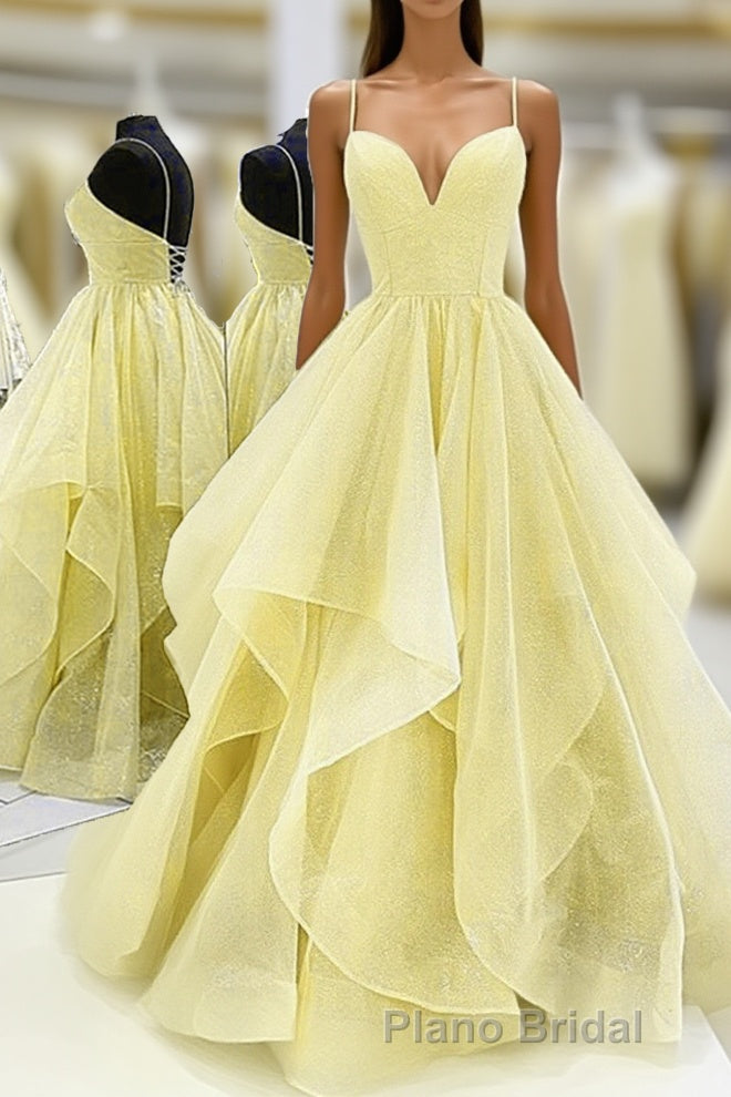 Light Yellow Tulle Straps Long Formal Prom Gown, Lace-Up Tulle Evening Dresses Main image