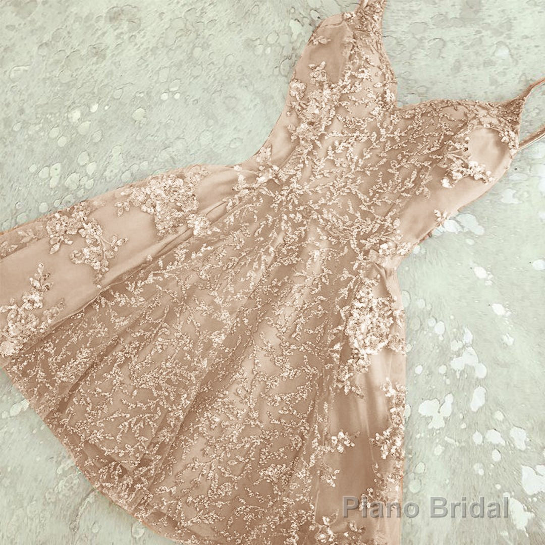 A Line Spaghetti Straps Champagne Short Short Cute Prom Dresses Main image