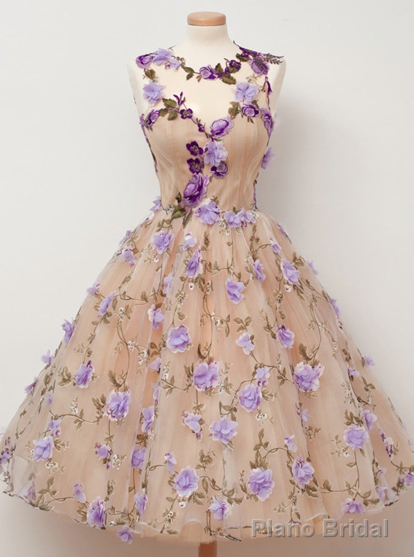 A Line Jewel Tea Length Open Back Champagne Tulle With Appliques Flowers Short Homecoming Dresses Main image