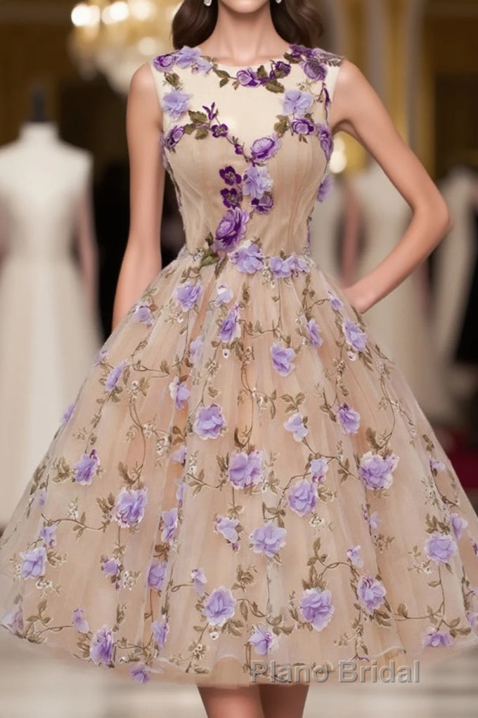 A Line Jewel Tea Length Open Back Champagne Tulle With Appliques Flowers Short Homecoming Dresses Main image