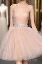 Strapless Blush Pink Tulle Short With Sash Sweet 16 Cute Formal Prom Dresses