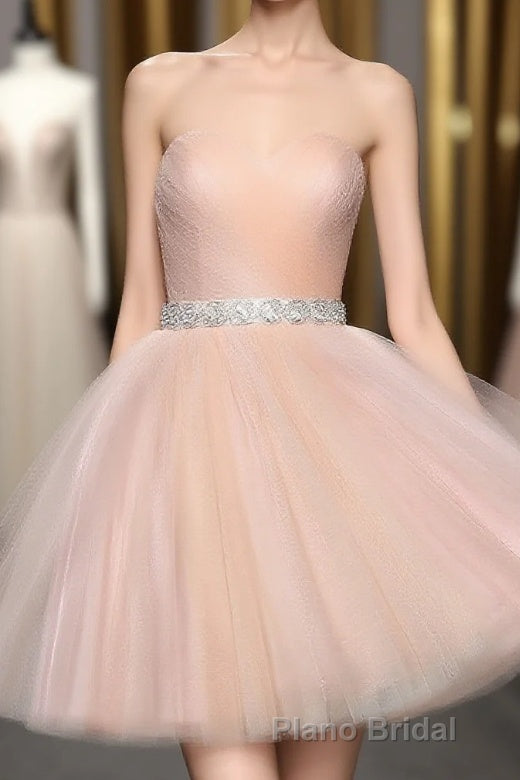 Strapless Blush Pink Tulle Short With Sash Sweet 16 Cute Formal Prom Dresses