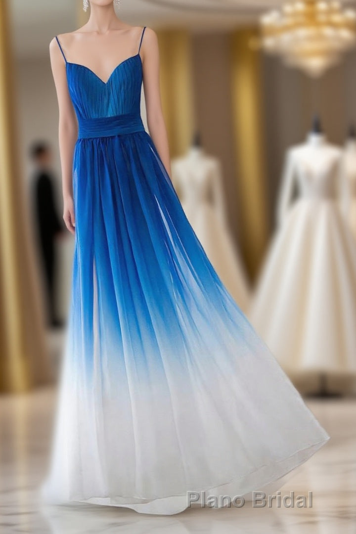 Spaghetti Strap Royal Blue Ombre Long Chiffon Royal Blue Ombre A Line Sweetheart Formal Prom Dresses