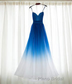 Spaghetti Strap Royal Blue Ombre Long Chiffon Royal Blue Ombre A Line Sweetheart Formal Prom Dresses